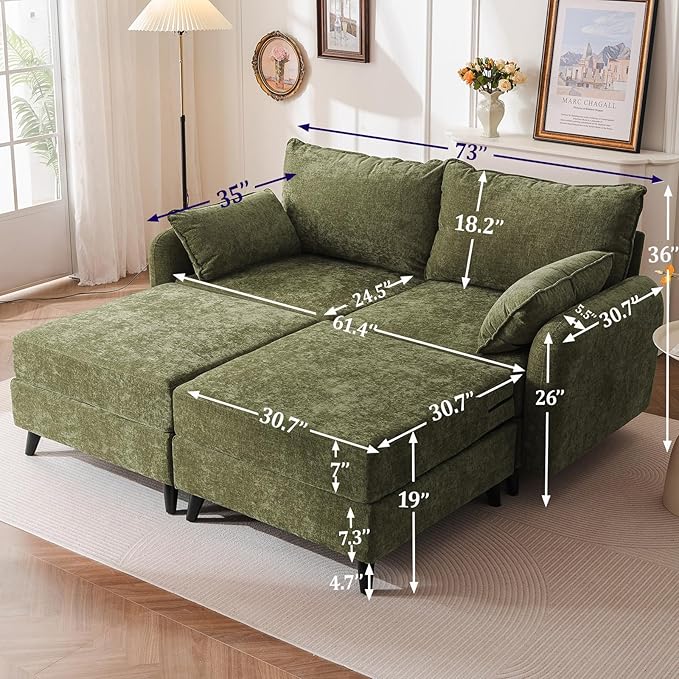 73'' Loveseat Sofa with All Seats Storage Modular Sectional Couch with Movable OttomanOversized Comfy Couch 7.8'' Thick Cushion24.5'' Deep Seatfor Living RoomBedroomApartmentVeletGreen