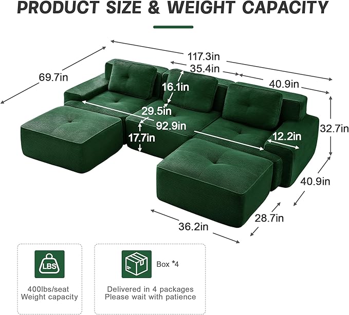  117 U Shaped Modular Boneless Sofa Couch for Living Room Green Sectional Large Sofa with Corduroy Fabric 3-Seater Tufted Couch with Deep Seat and Movable OttomanNo Assembly