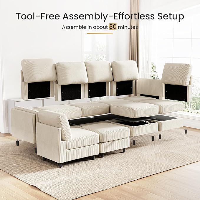 KKL 6 Seaters Sofa Bed for Living Room - Sofa Couch with Storage Ottoman Convertible L/U-Shaped Sleeper Couch for Living Room Modern Reversible Design Beige