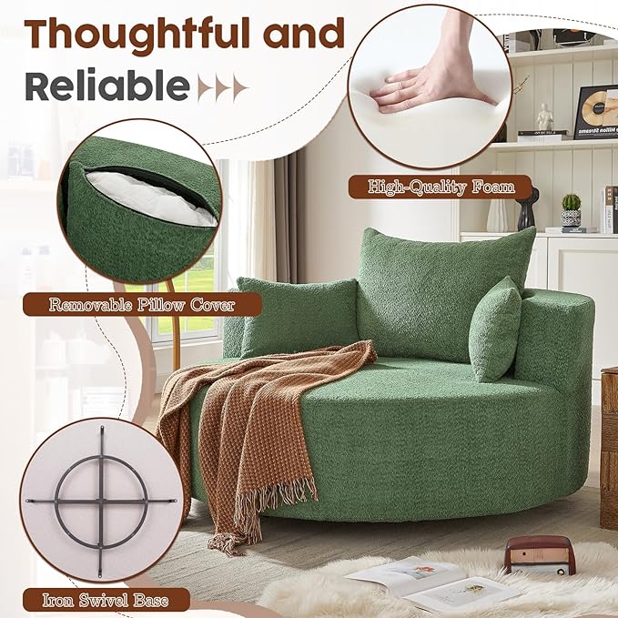 Antetek 360-Degree Swivel Accent Chair Oversized Modern Comfy Chenille Round Swivel Chaise Lounge Sofa Chair with Backrest Cushion &amp 2 Throw Pillows for Living Room Bedroom Office Green