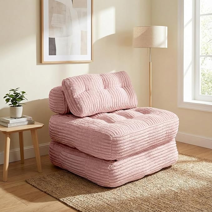 Boneless Chair Folding Sofa Bed with Pillow Sleeper Sofa with Back Support Sleeper Chair Portable Fold Out Chair Bed Comfy Foldable Mattress for Living Room Pink Single