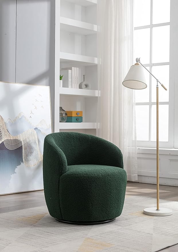 kevinplus Swivel Barrel Chair Accent Armchair for Living Room Bedroom 360 Degree Modern Round Upholstered Single Sofa Couch Chair Cozy Small Swivel Chair for Apartment Teddy Fabric Dark Green