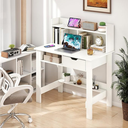 GOFLAME Writing Desk with Hutch &amp Drawer Modern Computer Desk with Charging Station USB &amp Type C Port Cable Hole Home Office Desk with Storage Shelves for Study Room Bedroom White