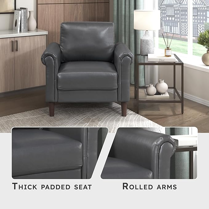 Lexicon 35 W Living Room Accent Chair Faux Leather Upholstered Armchair with Rolled Arm for Bedroom/Office/Waiting Room Single Sofa Chair Dark Gray