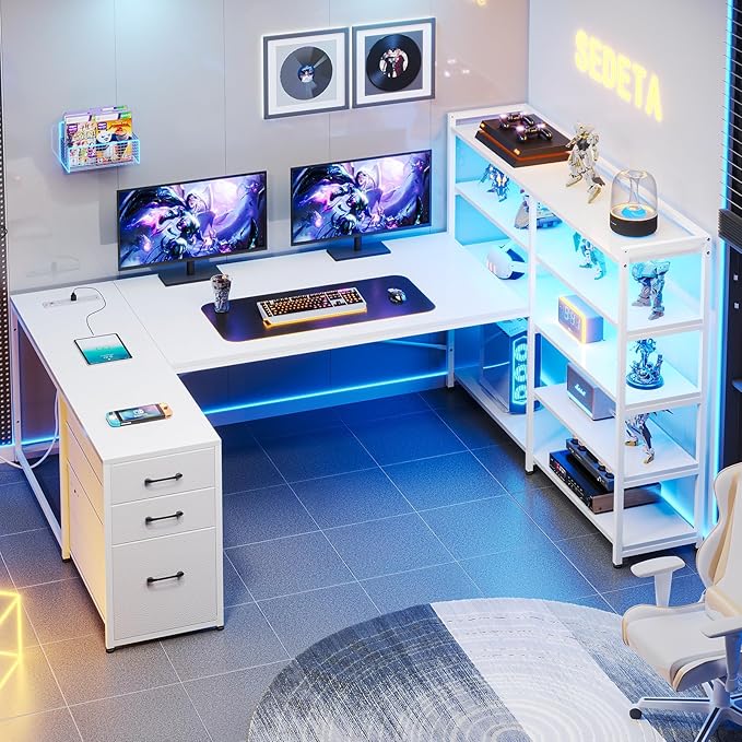 SEDETA L Shaped Office Desk with Drawers 64.5 Reversible Computer Desk with Storage Shelves and Power Outlet Corner Gaming Desk with LED Strip for Home Office White