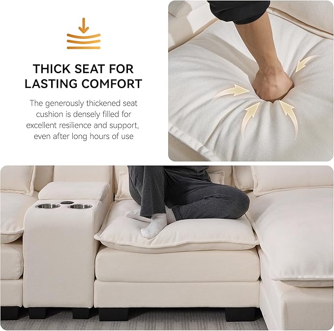 125'' U Shaped Cloud Modular Sectional Sofa with Chaise Lounges Chenille Upholstered Comfy Couch with Storage Console USB Charging Ports &amp Cup Holders Small Deep Seat Sofa for Living Room Beig