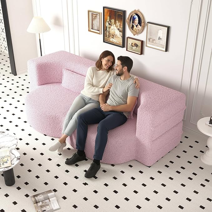 Folding Foam Sofa Bed15 Full Size Floor CouchConvertible Teddy Fabric Foam-Filled Sleeper Futon Loveseat Couch for Living Room Guest Use Office Apartmen (Pink)