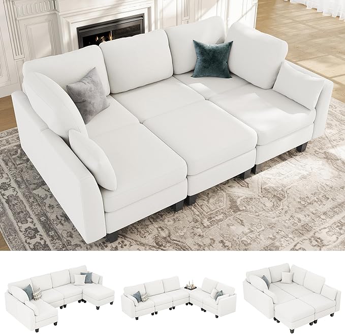 Sectional Sleeper Sofa 6 Seaters Modular Sleeper Sofa Couch Comfy Sectionals Couches Bed Convertible Sofas with Ottomans Modular Sectional Couches for Living Room White