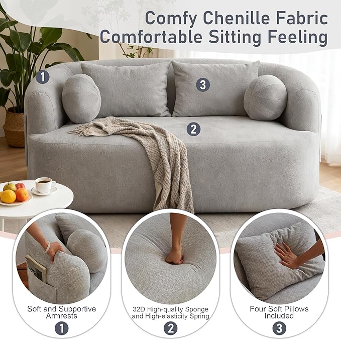 Loveseat Sofa 67.3 Boneless Curved Sofa Filling with Foam and Spring Chenille Small Love Seat for Small Spaces 4 Pillows and Side Pocket Living Room Apartment Bedroom No Assembly