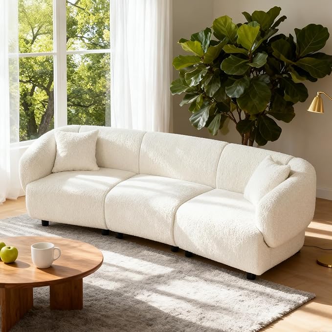 Christopher Knight Home Obito Boucle Upholstered 3-Seater Sofa Modern Home Sofa Living Room Wooden Large Upholstered Sofa Couch for Apartment/Home Office Light Beige
