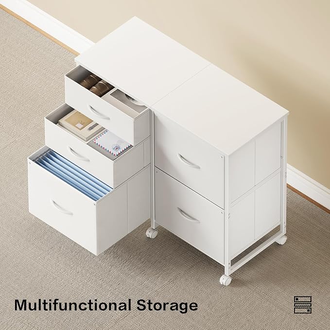 Lateral File Cabinet with 5 Drawers Rolling Filing Cabinets Under Desk Storage Printer Stand with WheelsMobile File Cabinet for Home OfficeWhite