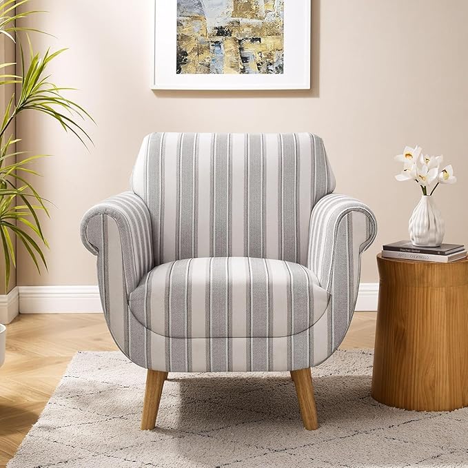VANOMi Mid-Century Accent Chair with Stripe Pattern Modern Linen Fabric Armchair with Wood Legs Club Chair for Living Room Comfy Upholstered Side Chairs for Bedroom Reading Small Place (Grey)