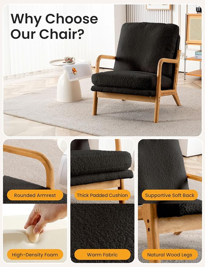 Mid Century Modern Accent Chairs for Living Room 23” Wide Comfy Chair for Bedroom Small Cozy Sherpa Reading Chairs for Adults 108° Lounge Arm Chair Indoor with Detachable Cover 5.5 Foam Cushion