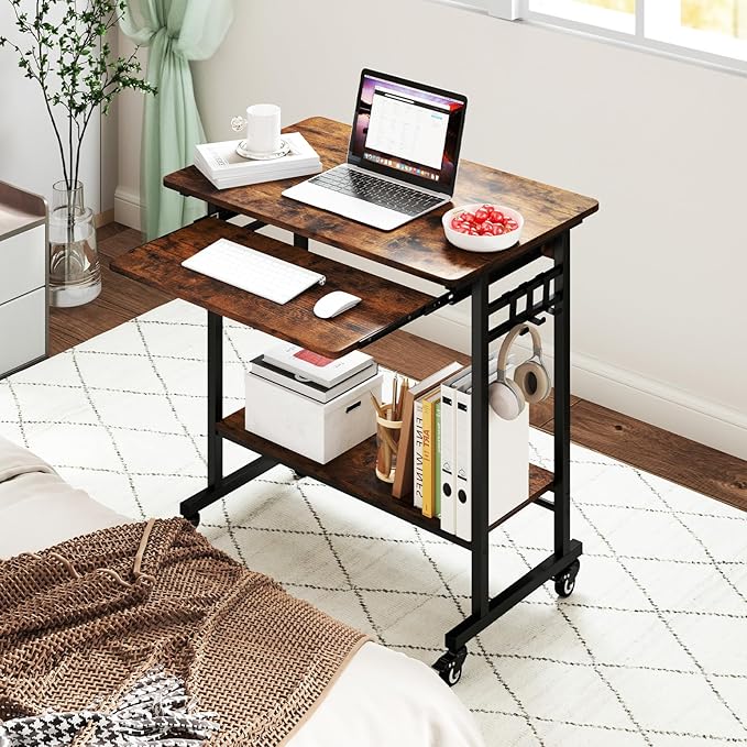 LDAILY Small Computer Desk Portable Desk on Wheels with Spacious Tabletop Keyboard Tray Open PC Stand 3 Earphone Hooks Wooden Rolling Computer Cart Mobile Laptop Desk for Office Home