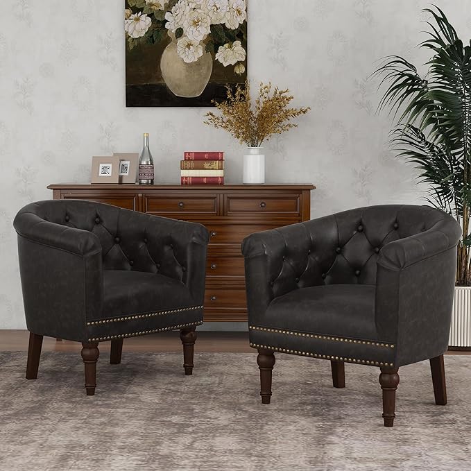 Accent Chair Upholstered Faux Leather Barrel Chair with Nailed Trim Comfy Club Armchair for Reading Living Room Bedroom Waiting Room (Coffee Set of 1)