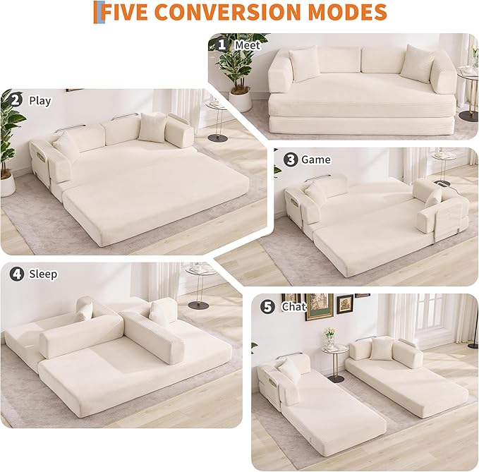 Convertible Sleeper Sofa Bed 78.8 Floor Sofa Bed 5-in-1 Folding Mattress Couch Loveseat with Fixed-Shape Frame Pillow Corduroy Fabric for Living Room Bedroom Lounge Beige
