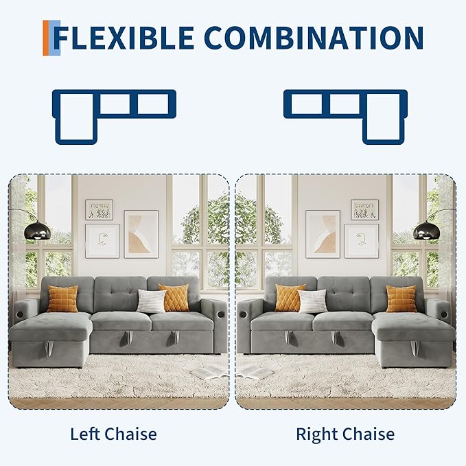 GarveeHome 84 Inch Sleeper Sofa Couch L-Shaped Sofa Convertible Pull Out Sofa Bed with Storage Charging Station Led Lights Modern Sectional Sofa for Living Room Apartment Velvet Light Grey