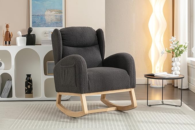 Teddy Rocking Chair Dark Gray Fabric Armchair with Wooden Legs for Living Room Bedroom