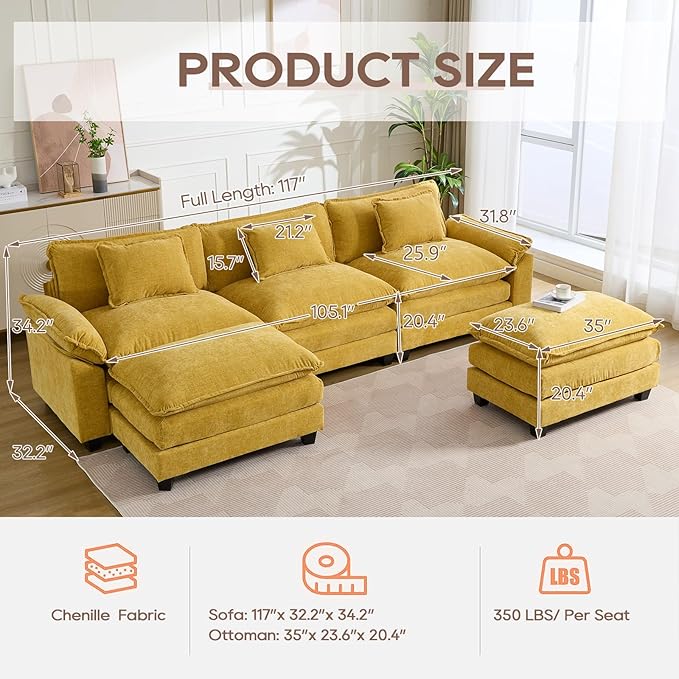 IPKIG 117 Sectional Sofa Cloud Couch Modern Chenille U-Shaped Couch Comfy Upholstered 3-Seat Sofa with 2 Ottoman 3 Lumbar Pillow Deep Seat Modular Sofa for Living Room Apartment Studio Yellow |
