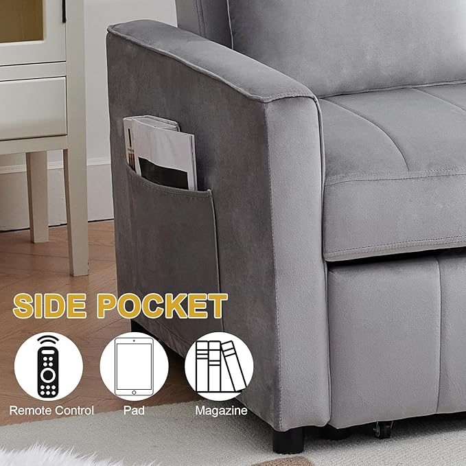 Kiztir Futon Sofa Bed 55.5 Small Loveseat Sleeper Sofa Comfy Velvet Pull Out Couch Bed with 3 Levels Adjustable Backrest and Side Pockets for Living Room Bedroom Apartment Small Spaces (A-Grey) |