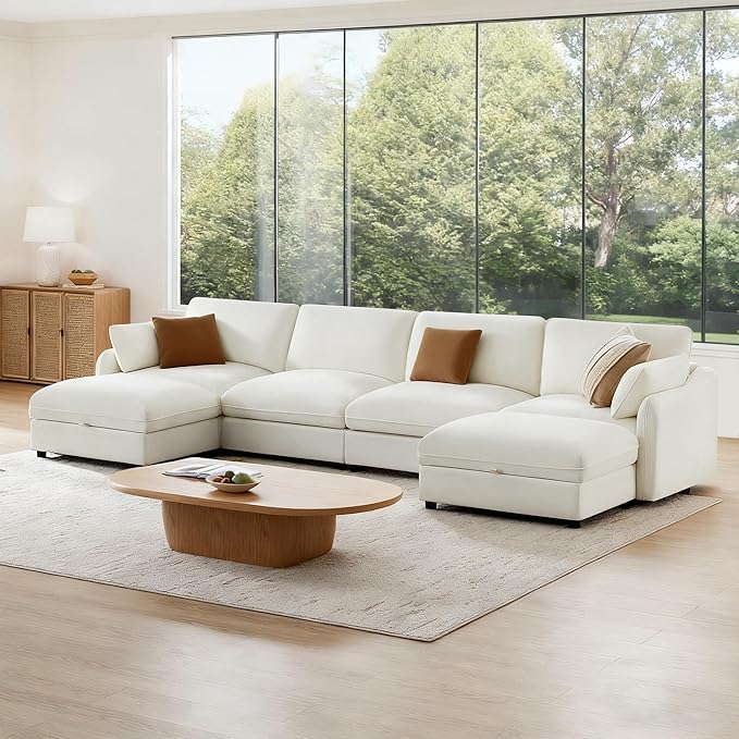 147 Cloud Sectional Couches for Living RoomU Shaped Oversized Modular Modern Linen Sofa with 2 Movable Ottoman6 Deep Seat with 2 Throw PillowsWarm White