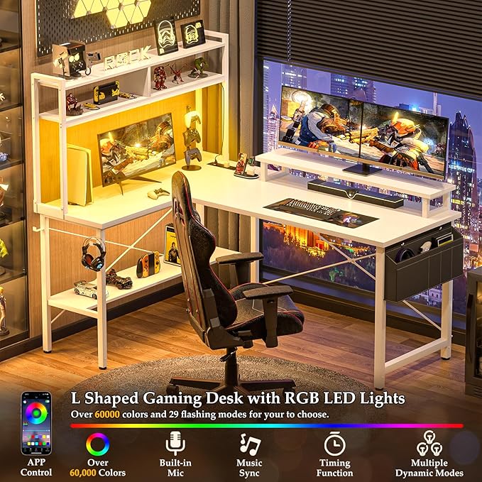 Aheaplus L Shaped Gaming Desk with Power Outlets &amp LED Lights Small L- Shaped Desk Computer Corner Desk with Monitor Stand &amp Storage Shelf Home Office Desk Writing Desk with Storage Bag Whi