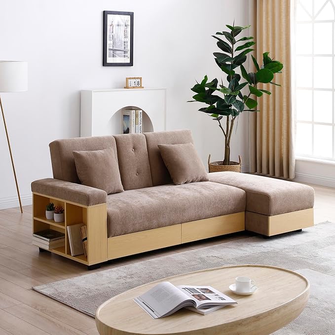 Convertible Sleeper Couch Multi-Functional Sofa Sleeper with Storage Ottoman and 2 Drawers Sectional Couch for Living Room Drop Down Table with 2 Cup Holders Storage Armrest Design (Light Brown)