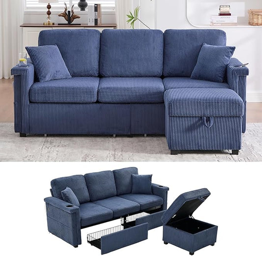 76'' Sectional Sofa Couches for Living Room 3 Seat L-Shaped Couch with Storage &amp Ottoman Corduroy Convertible Sofas with Chaise Apartment with USB Charging Cup Holder (Navy)