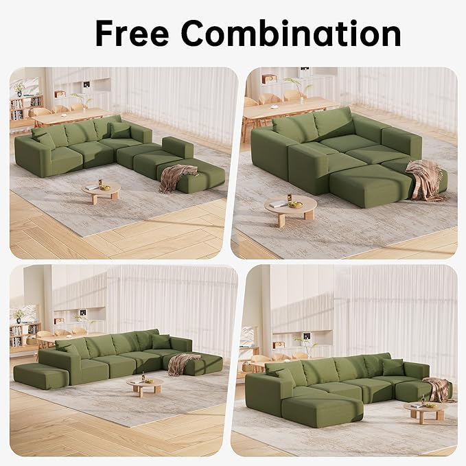 CUGOAO 152'' Modern Boneless Couch Oversized 2-in-1 Modular Sectional Sofa Bed Extra Deep Seat Upholstery Cloud Couch Boneless Couches for Living Room No Assembly Required Green Corduroy