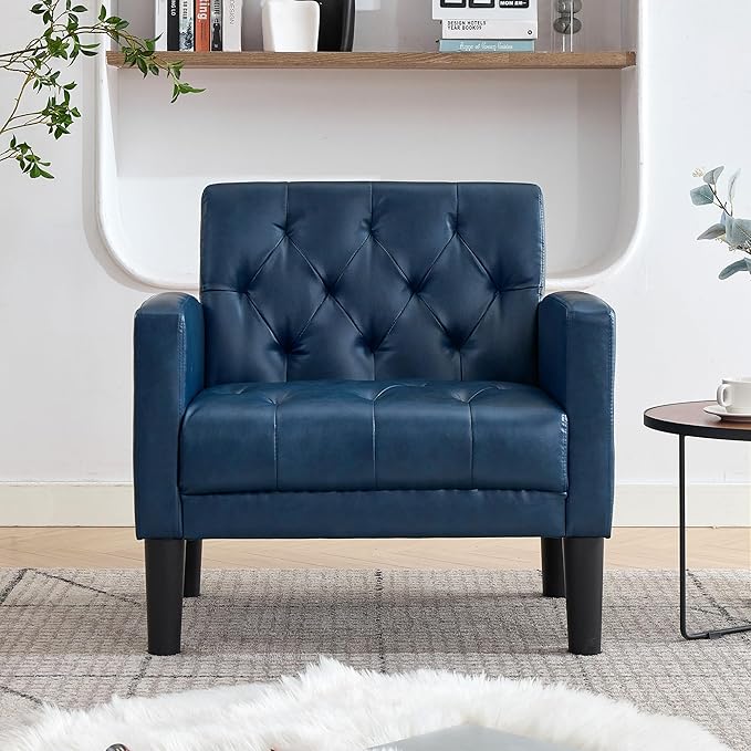 TYBOATLE Accent Chair Comfy Living Room Chair Leather Tufted Mid Century Modern Accent Chair Small Cozy Reading Arm Chair for Office Bedroom (1 Blue)