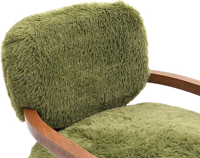 Modern Luxury Reading Chair with Wooden HandrailComfortable Faux Fur Side Chair Accent Chair for ApartmentLiving RoomOfficeStudyGreen.