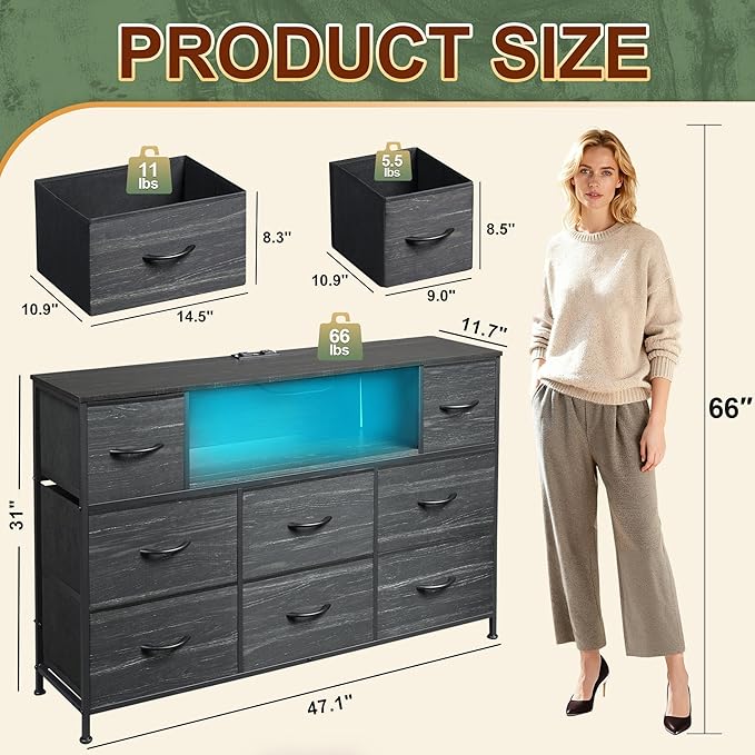 Black TV Stand for 45 50 55 inch TV TV Media Console Table with LED Lights &amp Charging Station Entertainment Center with 8 Fabric Drawers and Open Shelves for Living Room Hallway