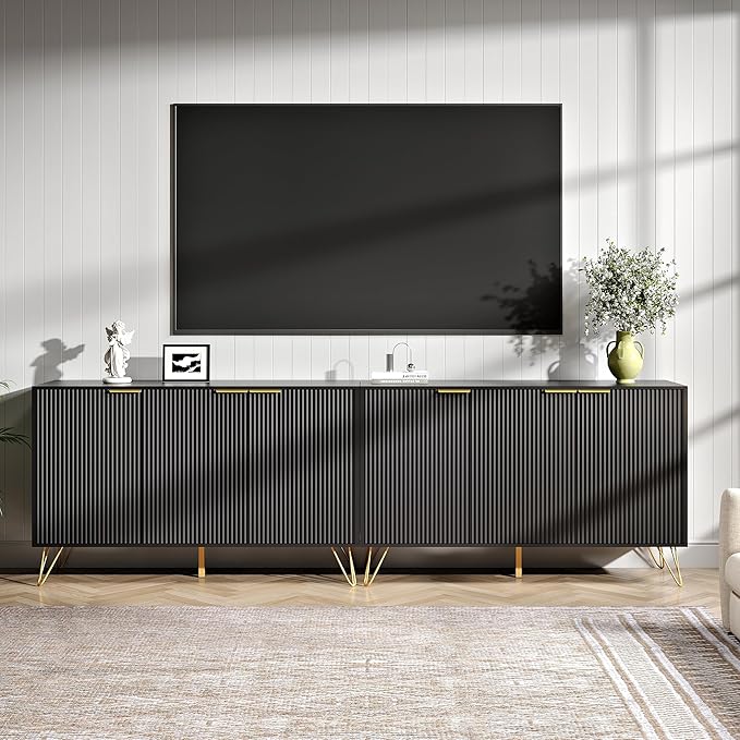 Fluted TV Stand for 100 Inch TVBlack TV Stands for Living RoomModern Entertainment Center with Storage CabinetsAdjustable Shelves &amp Gold HandlesWood Media Console for Living Room