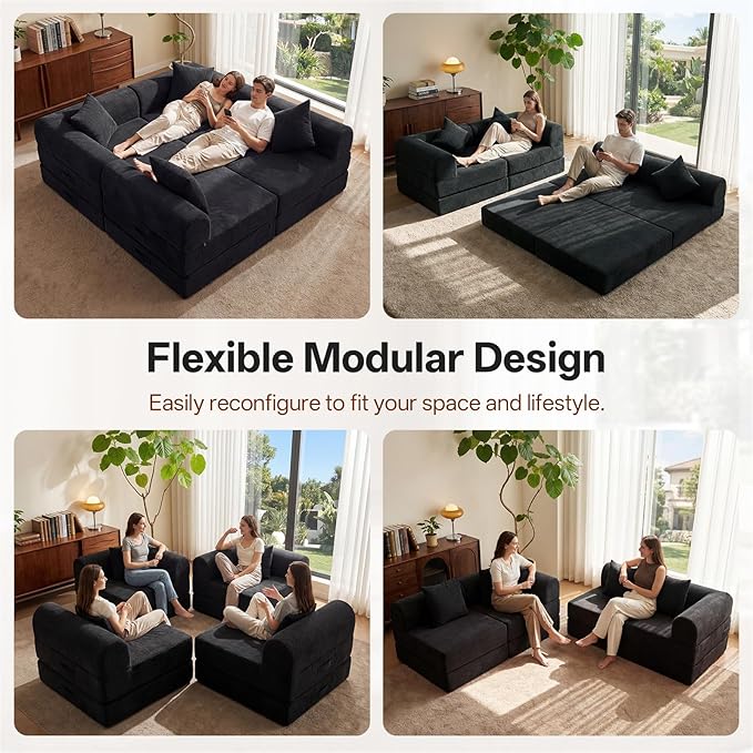 112.2 Modular Sectional Sofa 4-Seater All-Foam Boneless Cloud Couch Corduroy Foldable Convertible Sofa Bed Futon Sleeper Floor Sofa for Living Room No Assembly Required Black