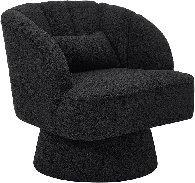 Modern 360° Swivel Barrel Accent Chair Teddy Fleece Upholstered Armchair with Soft Pillow Lounge Wide Upholstered Round Reading Chair Single Sofa Seatin for Living RoomBedroomVanity(Black)