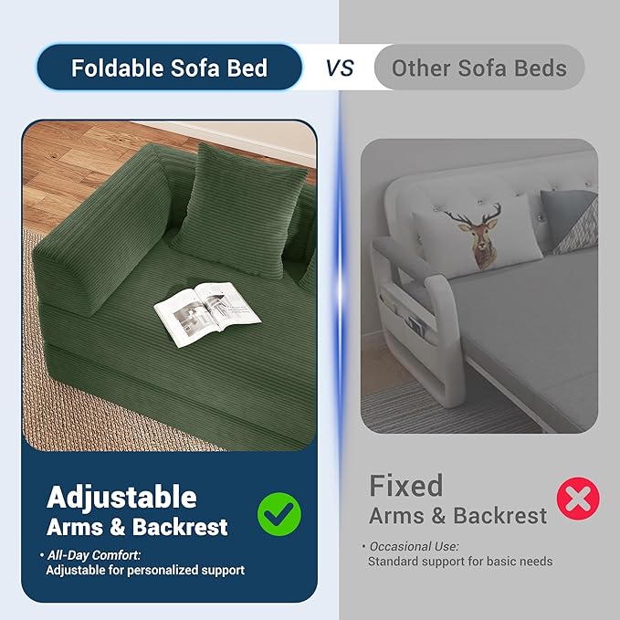 Cloud Boneless Convertible Floor Sofa Bed 70 4-in-1 Foldable Compressed Loveseat Lounge Sleeper 2 Seater Couches High-Density Sponge &amp Corduroy Fabric Futon Daybed for Living Room Bedroom(Green