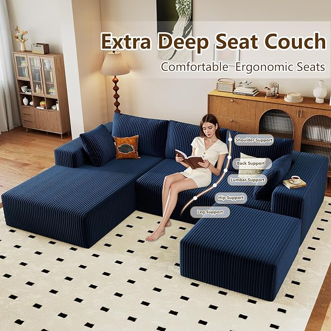 96 U-Shape Cloud Couch Modern Modular Sectional L-Shape Sofa with Ottoman Corduroy Upholstered Couches Deep Seat Sleeper Chaise Longue for Living Room No Assembly Required(Blue Left Facing)