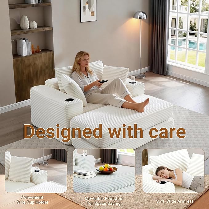 53 Oversized Chaise Lounge Chair Indoor Modular 3-in-1 Corduroy Boneless Chair Cloud-Like Cozy Comfy Sofa Bed Sleeper Couch for Reading Living Room Bedroom Beige
