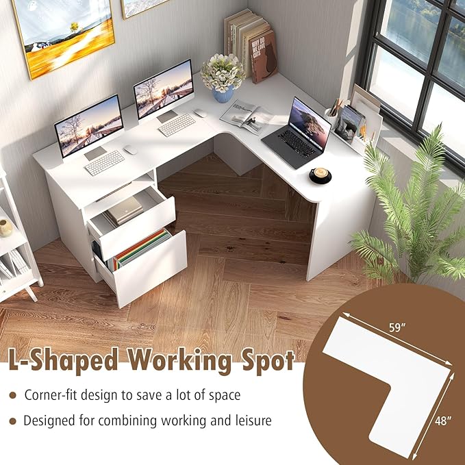 Giantex L Shaped Computer Desk with Drawers 59 Corner Desk Workstation with Storage Shelf &amp Cable Holes Large Executive Office Desk Modern Study Writing Table for Home Office (White)