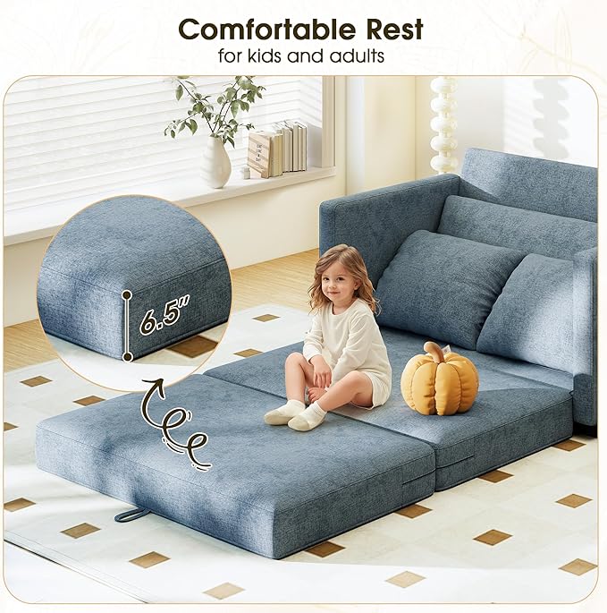 51 Convertible Loveseat Sofa Bed 2-in-1 Folding Sofa Bed with 2 Pillow for Small Spaces Modern Loveseat Sleeper Couch for Apartment Living Room &amp Guest Room (Light Blue)