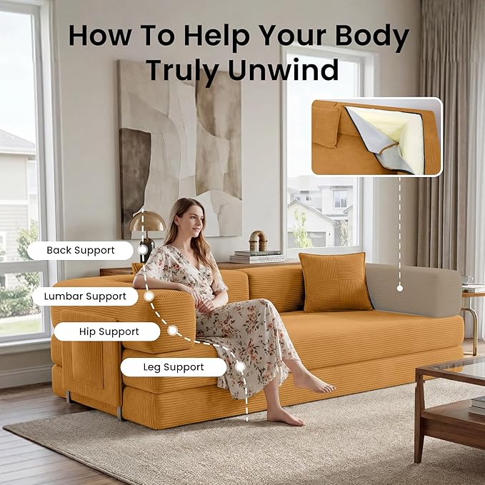Belhome 78.8 Convertible Sofa Bed Futon Sofa Bed with Side Pocket Corduroy Pull Out Futon Sofa Boneless Couch for Living RoomsNo Assembly Required Yellow