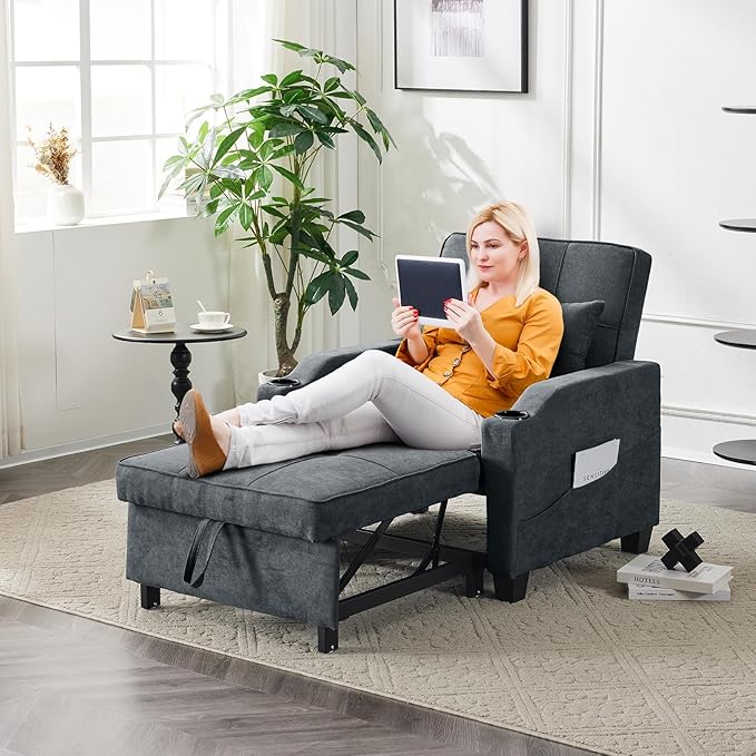 VINGLI Dark Grey 3-in-1 Convertible Futon Sofa Bed Pull Out Couch Bed Adjustable Recliner Chair with USB Ports Cup Holders Side Pockets for Living Room Bedroom Small Spaces