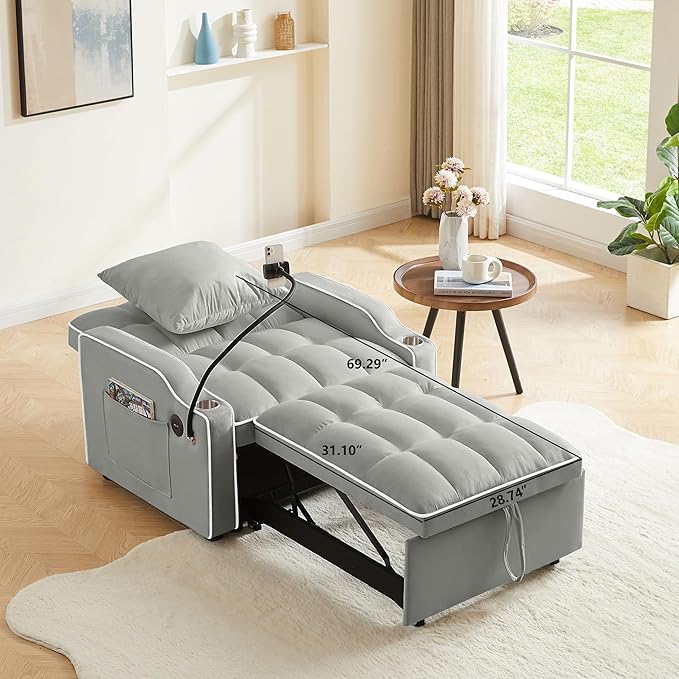 3 in 1 Convertible Sleeper Sofa Bed with Phone Holder 35'' Pull Out Sofa Bed Recliner with Adjustable Backrest Velvet Fabric Sleeper Couch Single Modern Chair for Small Space &amp RV Gray