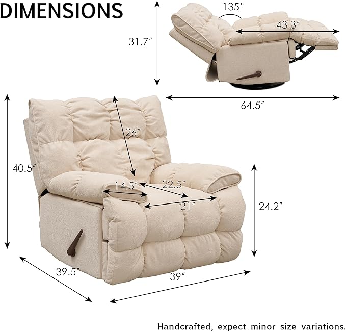 Dozzy Oversized Rocker Recliner ChairOverstuffed Rocking Chair with Breathable Velvety Fabric Soft Padded Headrest and Armrest Manual Recliner Extra Large Living Room Chair Up to 350 LBS White