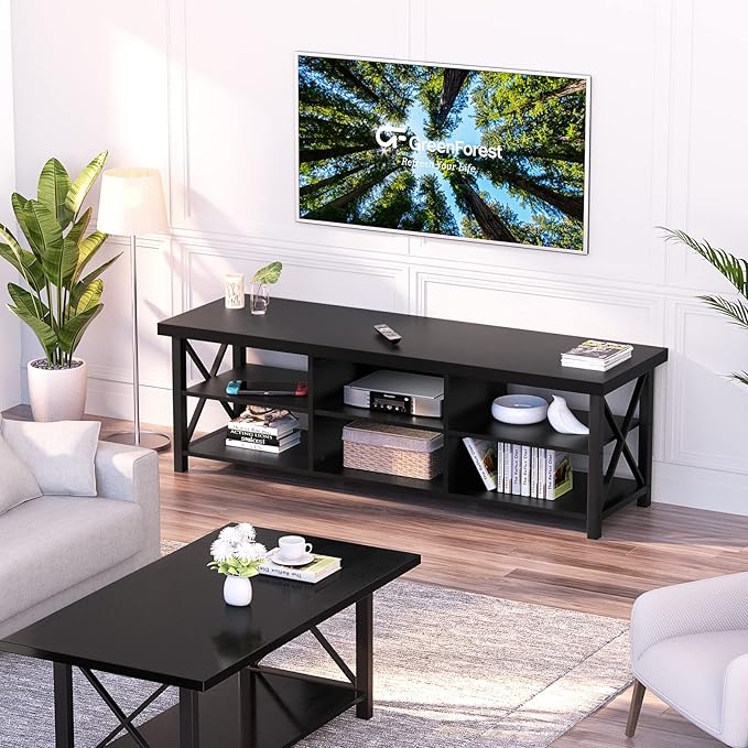 GreenForest TV Stand for TV up to 65 inches Entertainment Center with 6 Storage Cabinet for Living Room 55 inch Farmhouse Television Stands Console Table Industrial TV stands for Living Room Black