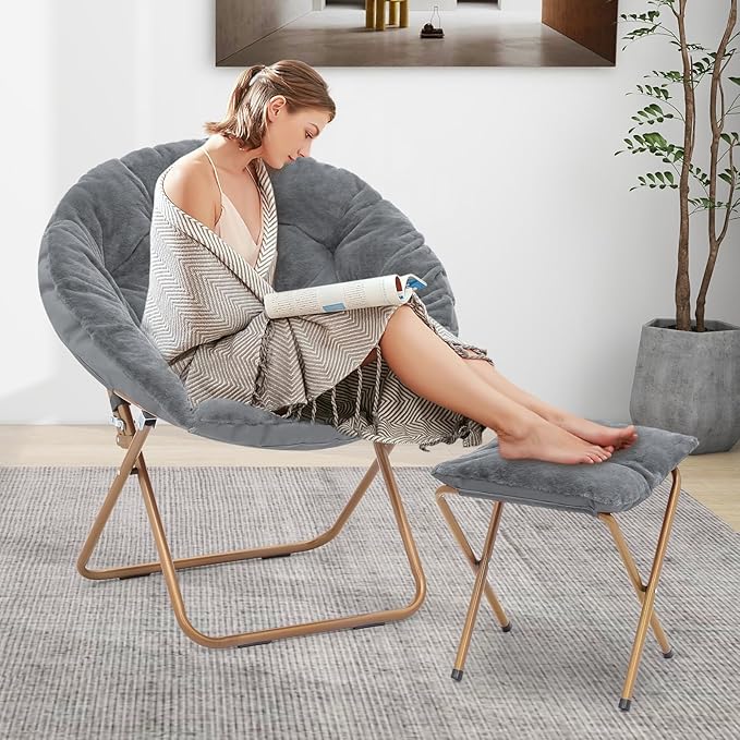 Comfy Saucer Chair Set of 2 with Footrest Metal Frame Cozy Lounge Lazy Chair Folding Faux Fur Round Saucer Chair for Adults Foldable Papasan Moon Chair for Living Room Dorm Bedroom