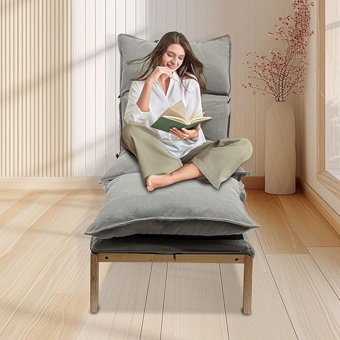 Single Lazy Sofa Lounge Chair with Footstool 5-Position Reclining Comfort for Living Room Balcony Japanese Tatami Floor Recliner Modern Leisure Recliner Indoor Use Grey