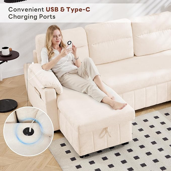 Tbfit 108'' Pull Out Sofa Cloud Sleeper Sofa Bed with USB &amp 2 Storage Chaises Comfy Oersized U Shaped Convertible Sectional Sleeper Couches for Living Room Apartment Office Beige