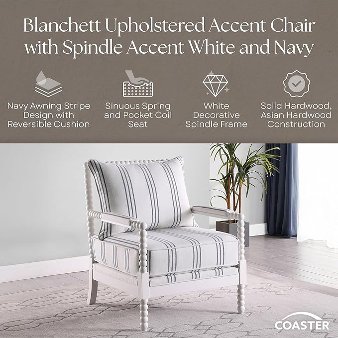BOWERY HILL Fabric Upholstered Accent Chair 38 H x 29.5 W x 34 D Linen-Like White with Navy Stripes Spindle Frame Rubberwood Construction Padded Armrests Stationary Design for Living Room or