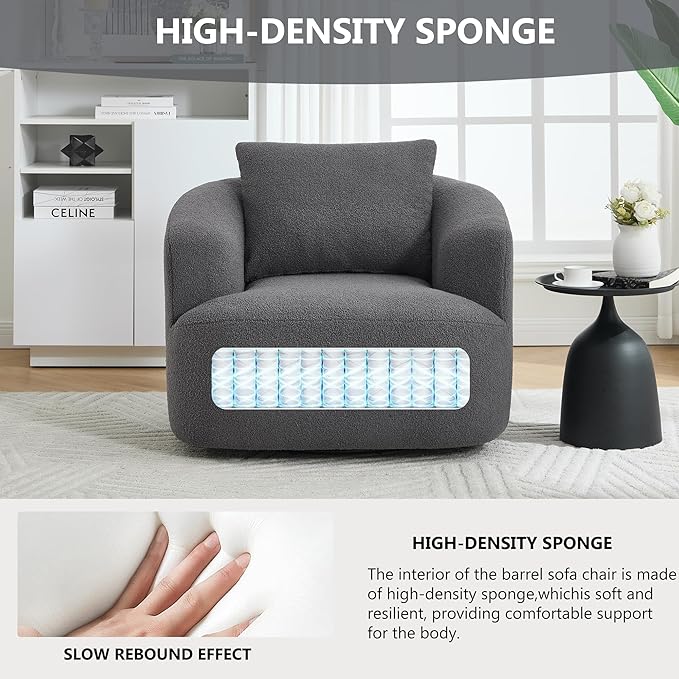 PELUMY Swivel Accent Chair Modern Round Barrel Chair Soft Teddy Fleece Fabric Swivel Chair for Living Room 360 Rotating Small Space Comfort Reading Chair No Tools Assembly (Dark Grey)